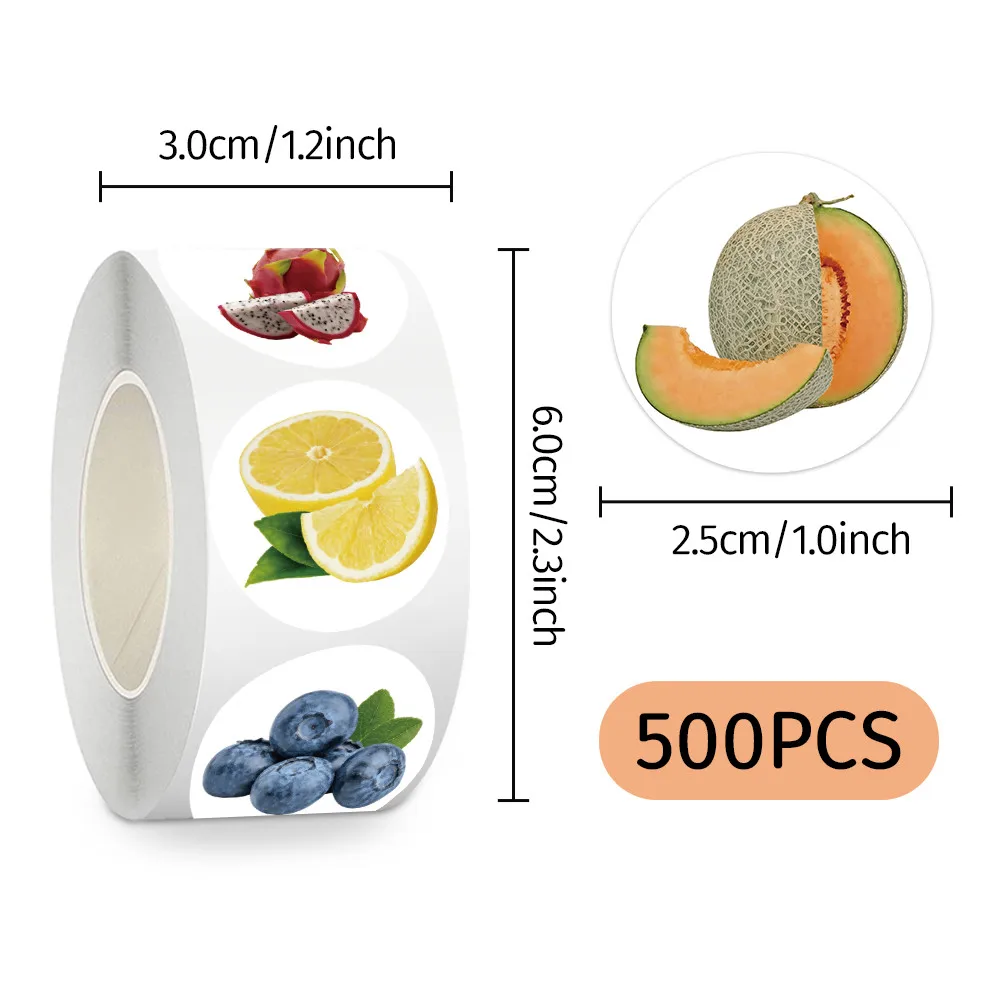500Pcs/Roll Realistic Fruit Pattern Round Stickers Waterproof Decor for Journal Fridge Water Bottle Giajar Sticker Store