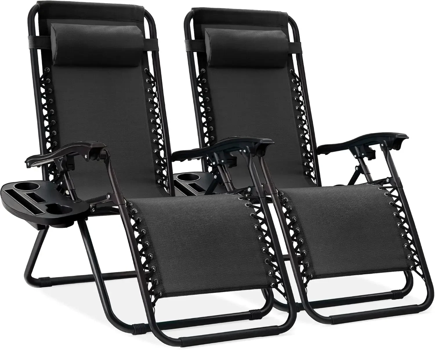 

Set of 2 Adjustable Steel Mesh Zero Gravity Lounge Chair Recliners w/Pillows and Cup Holder Trays - Black