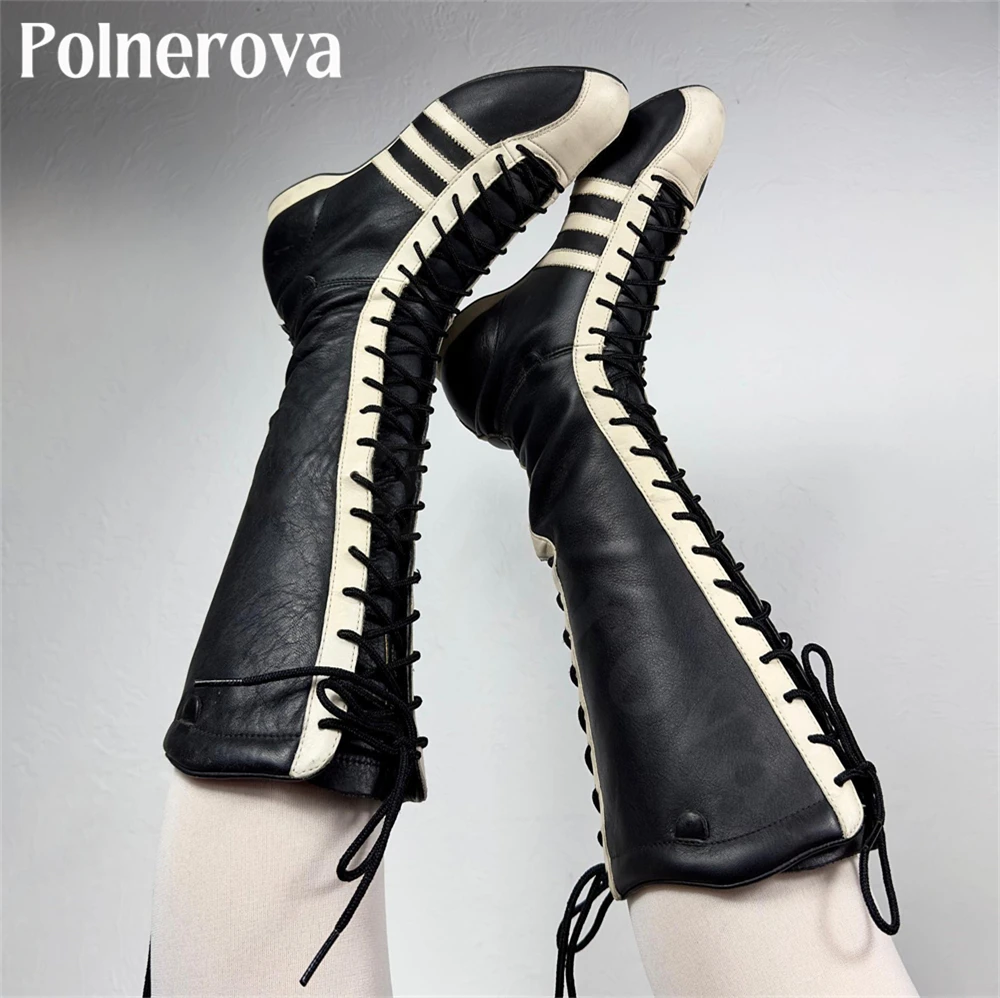 Vintage Style Sporty Knee-High Boots Designer Lace-Up Handmade Boots Soft and Comfortable Leather Flat Handmade Boots for Women