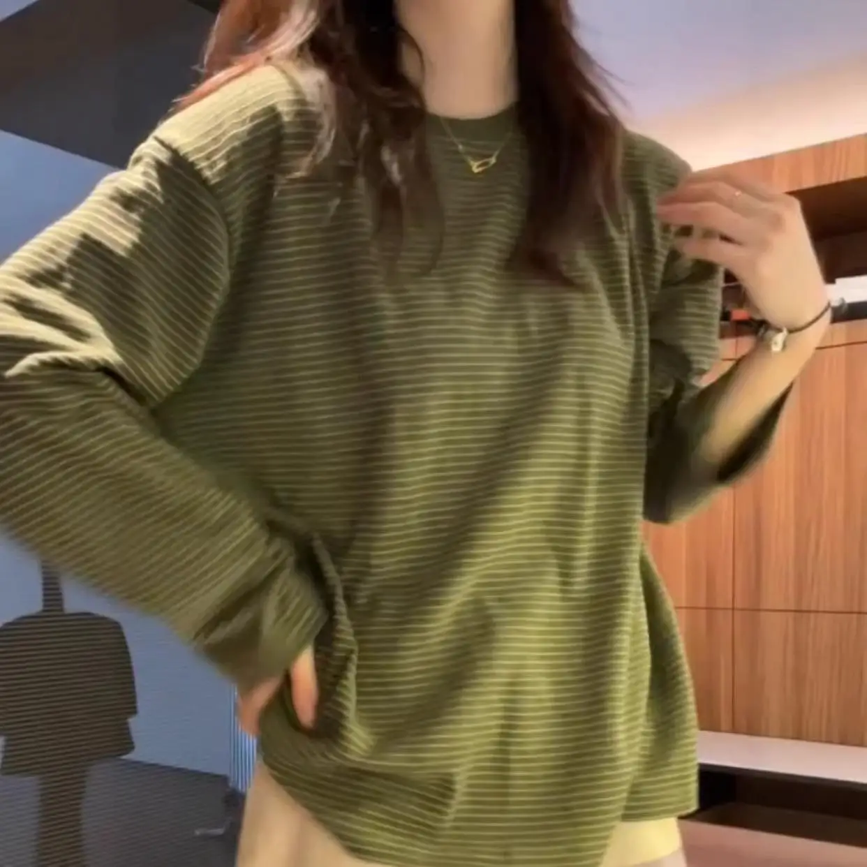 Women 2026 Spring Autumn New  Cotton Striped Long Sleeve T-Shirt Loose Lazy Style Crew Neck Basic Layering Top