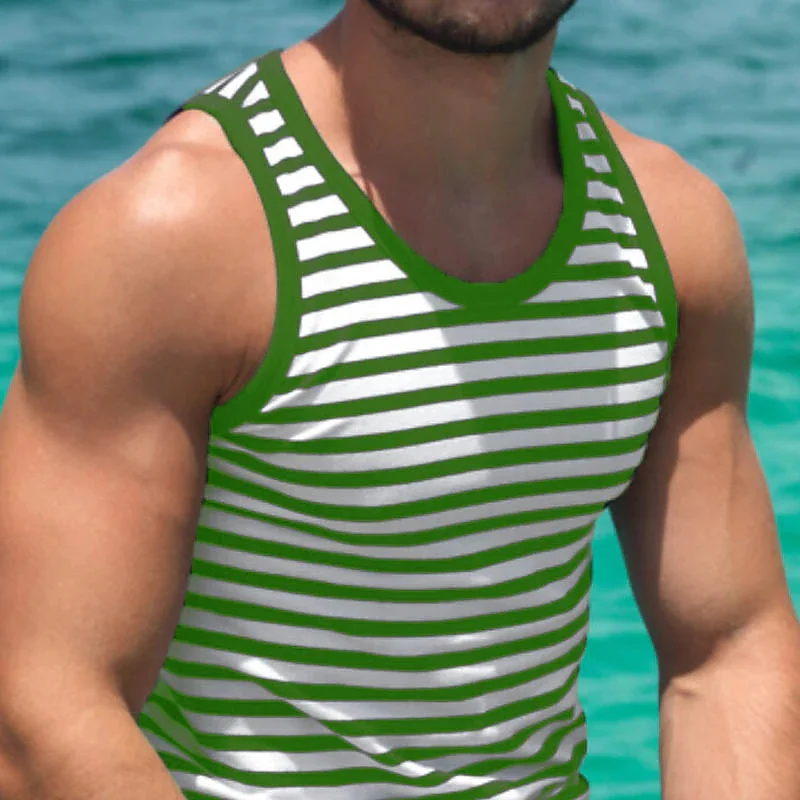 New Summer Men\'s Casual Blue and White Striped Thin Sleeveless Sports Vest Trendy Brand Versatile Repair Very Base Shirt