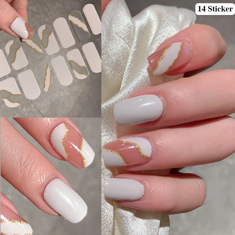 14Tips Gold Line Nail Stickers Fashion Elegant Design White Solid Color Baking-free Full Cover Nails Decals Manicure Accessories