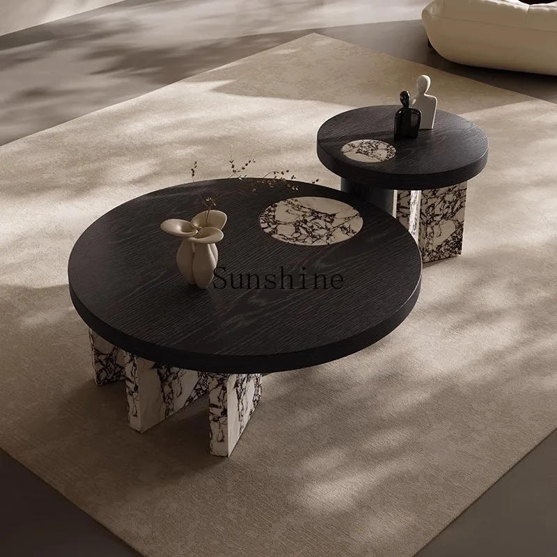 

High-end Italian minimalist rock slab round light luxury free island coffee table high and low combination