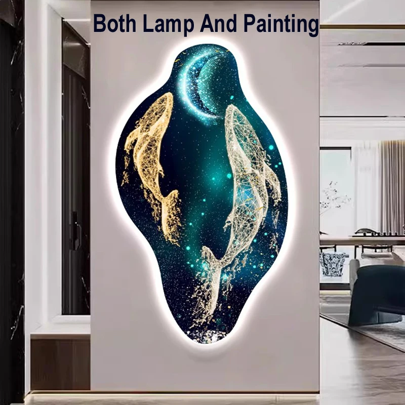 Modern Frameless Carved Whale Luminous Indoor Painting Led Wall Lamp For Entrance Living Room Kitchen Bedroom Closet Decoration