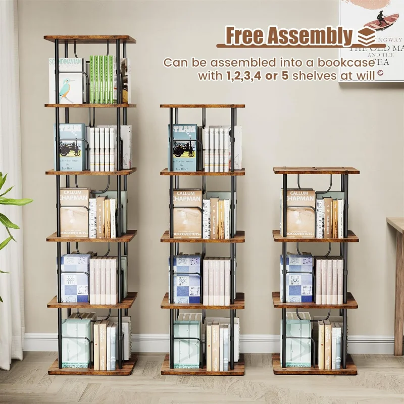 Rustic Brown Square 5-Tier Rotating Bookshelf, 360 °   Display Stackable Spinning Bookshelf Tower, Space Saving Tall Floor Stand