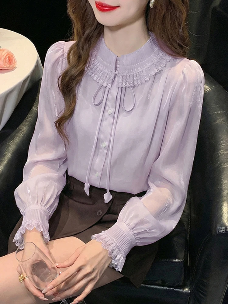 

Модная женская шифоновая блузка с длинным рукавом, весенняя, с кружевной отделкой, поясом, из полиэфирного волокна, с воротником-стойкой