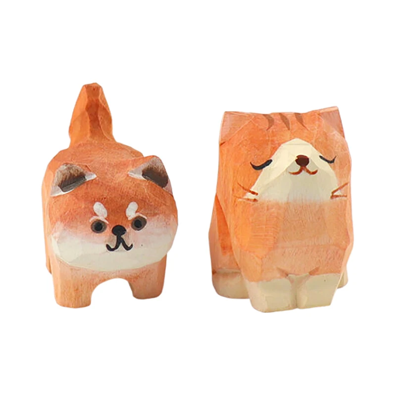 Cute Mini Wooden Bear Solid Wood Hand Carved Bear Cat Dog Figurines Miniature Animal Crafts Ornaments Tabel Decorate Kids Gifts