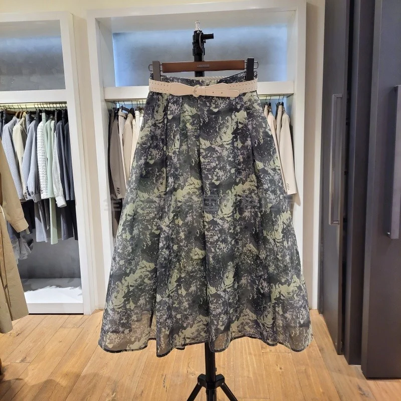 

High Waist Printed Pleated Leather Skirt Commute Ele Versatile Slimming Midi Skirt Korean Sle Floral Pattern A-Line Skirt