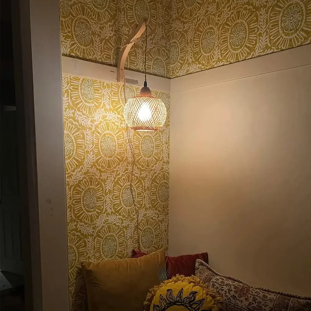 JOYINLED Bamboo Lantern Wall Lamp Natural Rattan Wicker E27 Indoor Wall Light Fixture Wall Sconce for Over Mirror Stairway Study