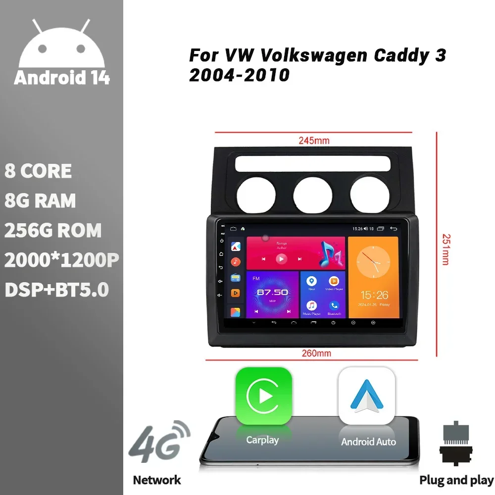 Car Radio Multimedia Player Navigation Wireless CarPlay Touch Screen Android Bluetooth For VW Volkswagen Caddy 3 2004-2010