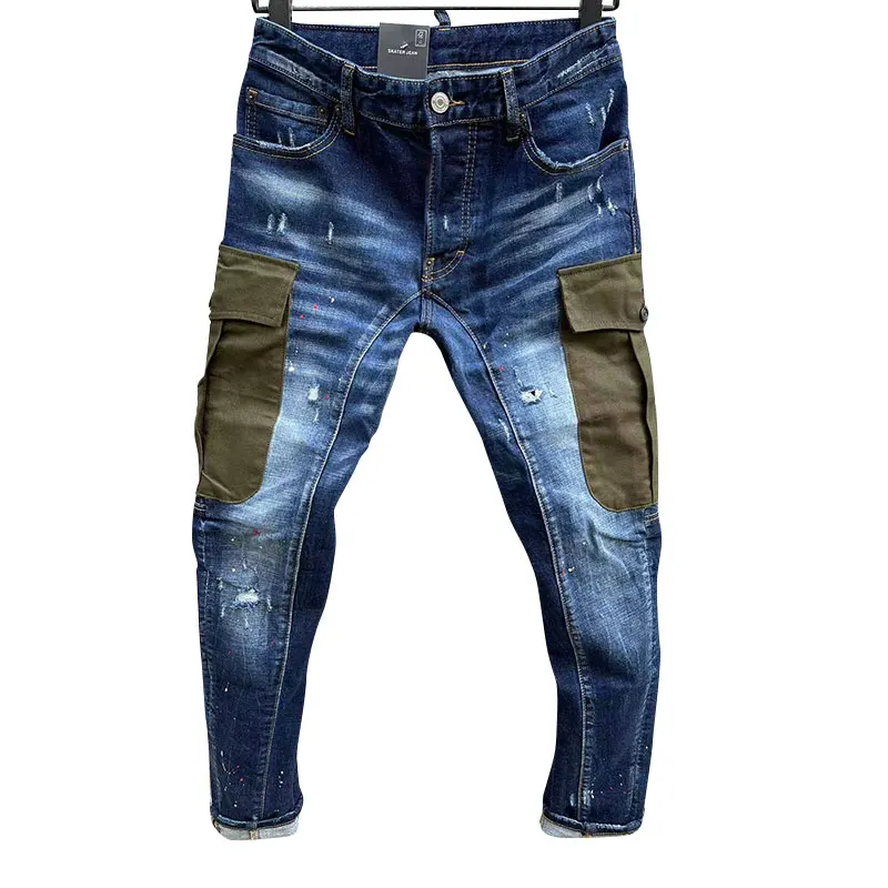 100 Chareiharper T163 Hipster Men's Wash worn holes patch paint embroidery hand stitched small feet blue jeans men pants