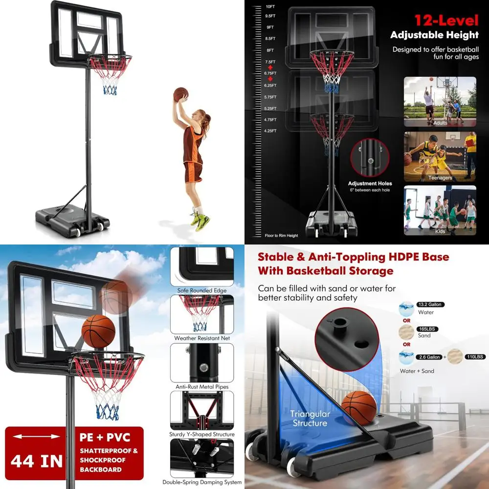 

Регулируемые по высоте баскетбольные ворота длиной 10 футов с 44-дюймовой небьющейся панелью, уличная баскетбольная подставка для портативных игр