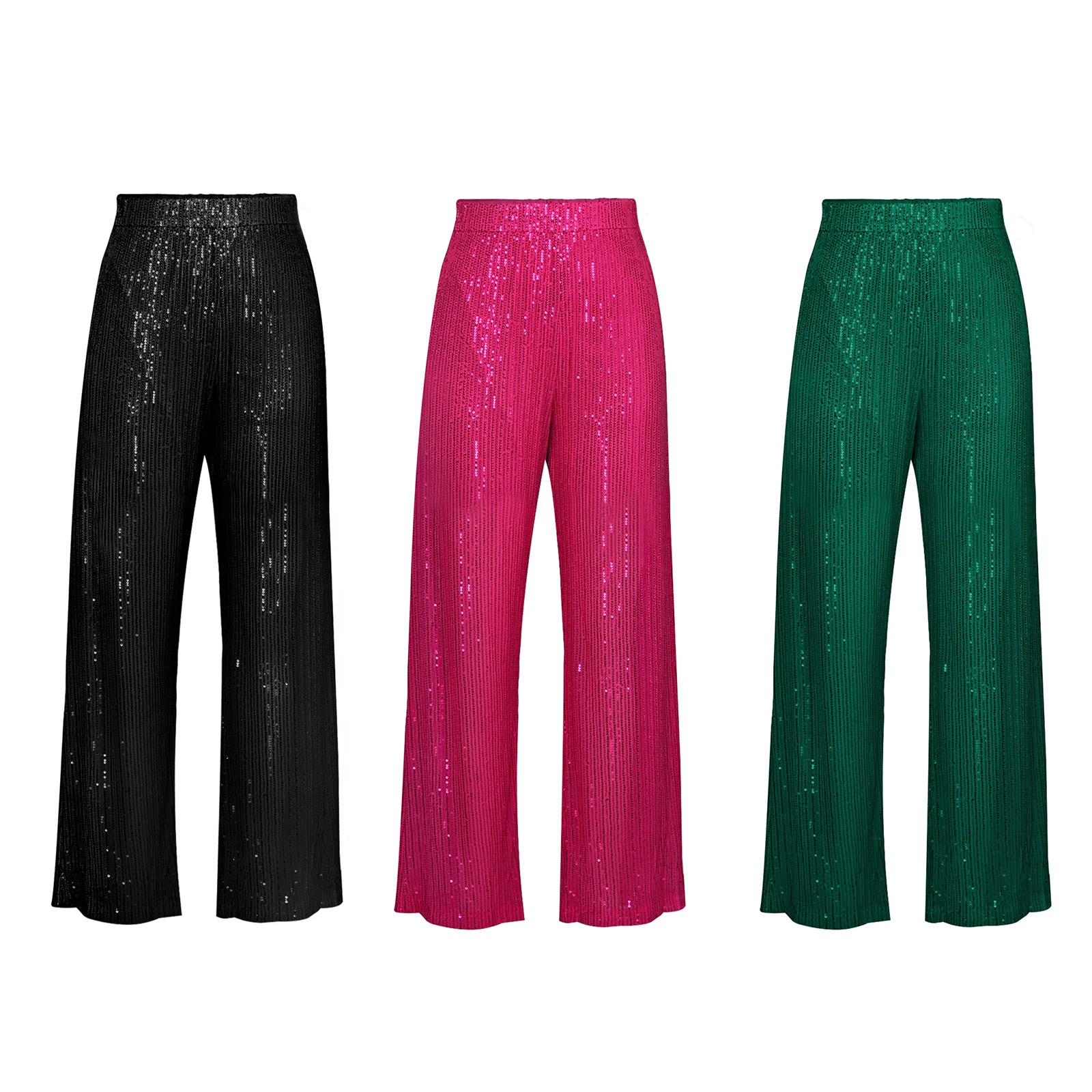 

Women Sparkle Wide Leg Pants Sequin Long Sleeve Blouse Shirt Top Glitter Long Loose Pants Bling Party Clubwear Streetwear