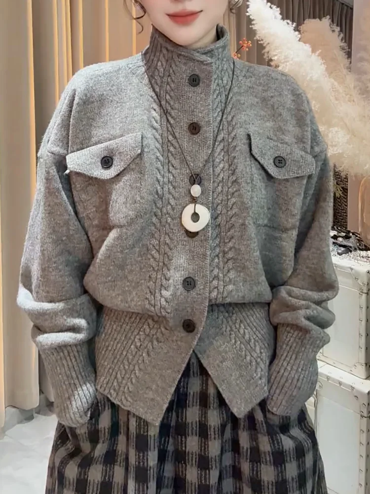 

Корейский дизайн, модный вязаный кардиган с высоким воротником, универсальный, стройнящий, для осеннего сезона, большие размеры