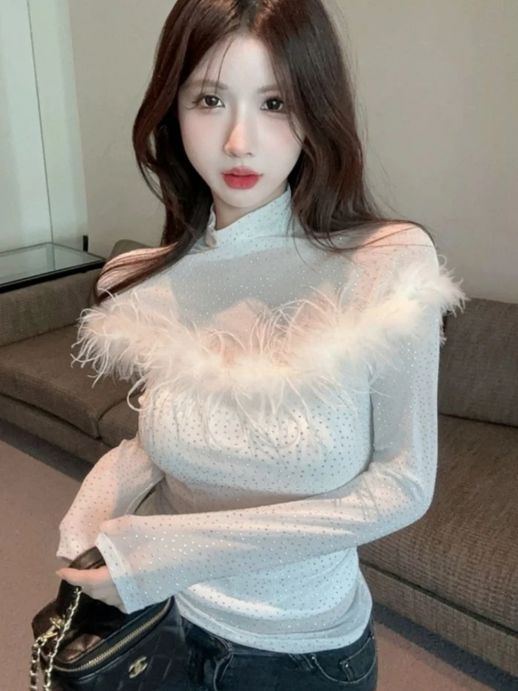 

Y2K Clothes Sexy Sheer Feathers Tops Women Shiny Sequins T-shirts Long-sleeved Women Turtleneck Tulle Lace Tops Layering Luxury