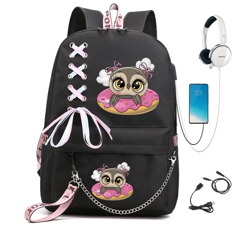 Bolsa de escola fofa donut coruja para meninas, design de anime, mochila infantil, mochila estudantil, manga desenho animado