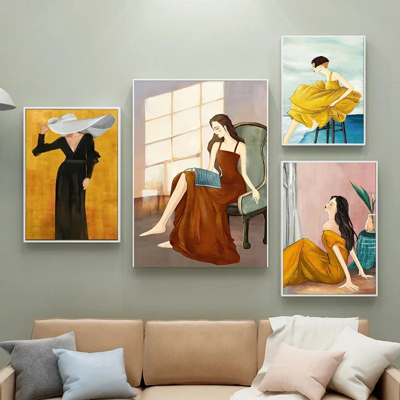 1pc frameless Canvas Painting Minimalist Creative Fashionable Canvas Posters Women Girls Printed Painted Art Wall Pictures Moder