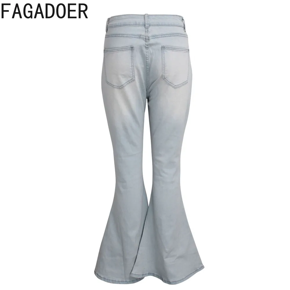 FAGADOER Fashion Jean Elasticity Skinny Flare Pants Women High Waisted Button Pocket Slin Denim Trousers Female Cowboy Bottoms