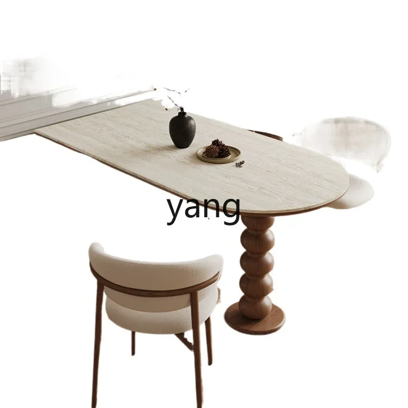 

Yjq Cave Stone Stone Plate Foldable Retro Solid Wood Dining Tables and Chairs Set Household Oval Dining Table Mid-Ancient Style