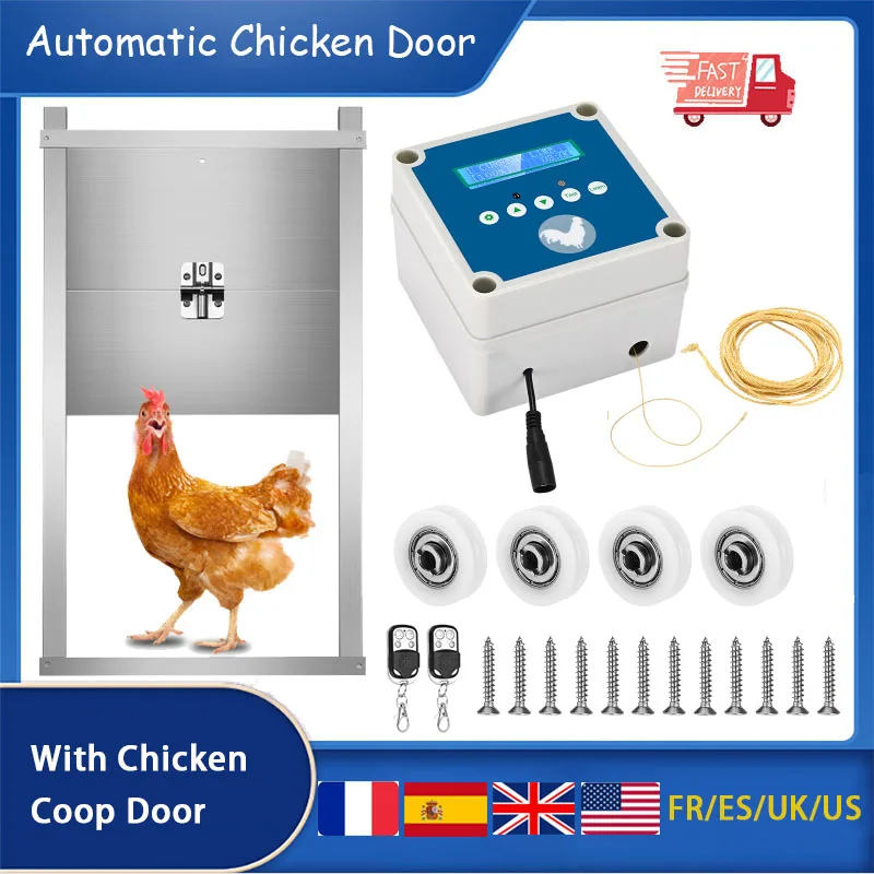 Automatic Solar Chicken Door with Slider, Opener Chicken Coop, LCD Screen with Timer and Light Sensor for Safe Chicken Keeping