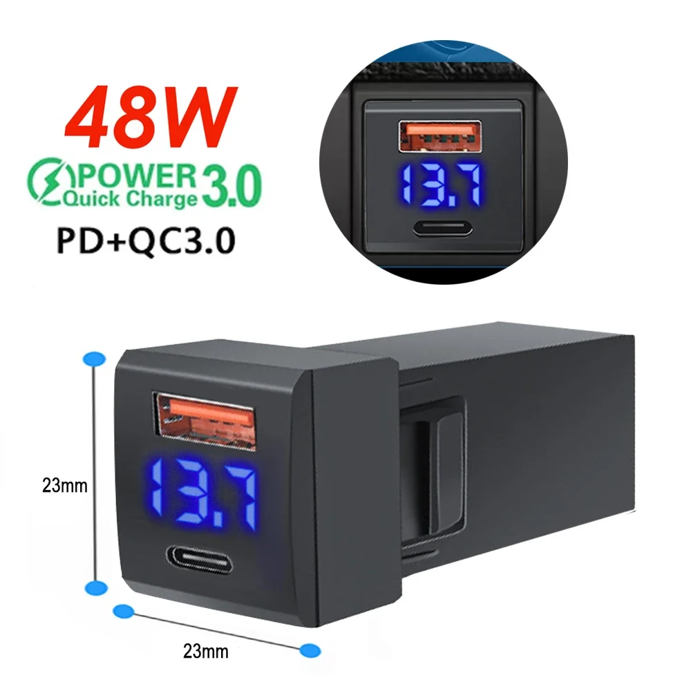 48W Fast Charger Voltmeter PD+QC3.0 USB Type-C Dual Port Phone Power Socket Quick Charge Mobile Phone Accessories For Toyota
