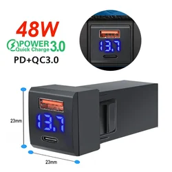 48W Fast Charger Voltmeter PD+QC3.0 USB Type-C Dual Port Phone Power Socket Quick Charge Mobile Phone Accessories For Toyota
