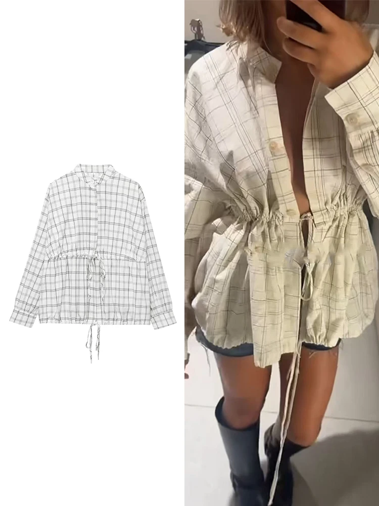 

Весенне-осенняя женская повседневная клетчатая рубашка с воротником-стойкой, женская свободная блузка на шнуровке с длинными рукавами, топ 2025 г., модная верхняя одежда