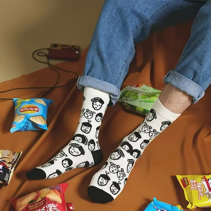 WY_Men And Women Cartoon Printed Mid Calf Socks Casual Cotton Socks With Fun Patterns Daily Wear Breathable Comfortable Socks