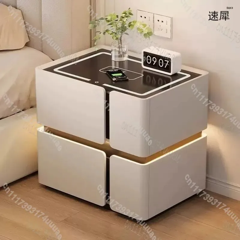 Modern Wooden Smart Nightstand with Wireless Charging Safety Lock 2 Drawers Storage Cabinet Bedside Table for Bedroom