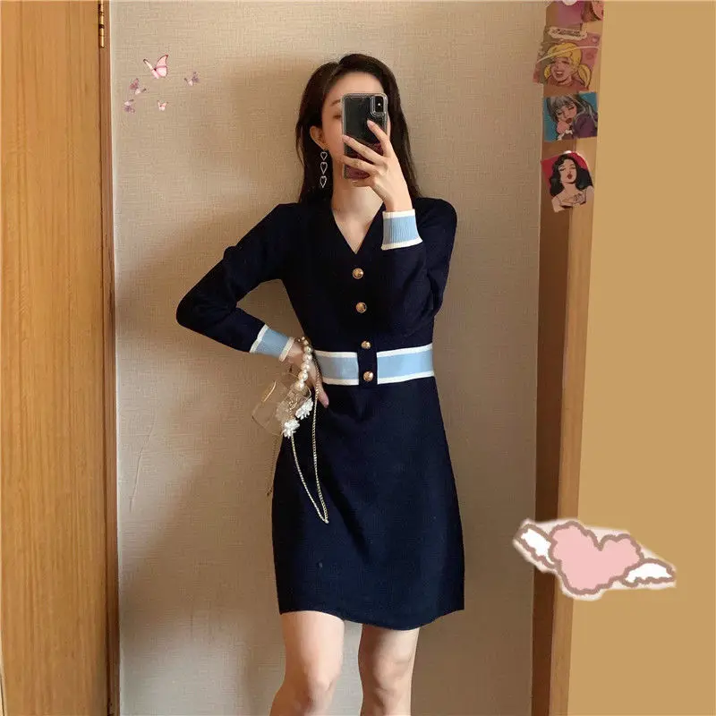 Female Knit Dress Party Short Color Matching Extreme Mini V Neck Women's Crochet Dresses Prom Korean Style High Quality Luxury G