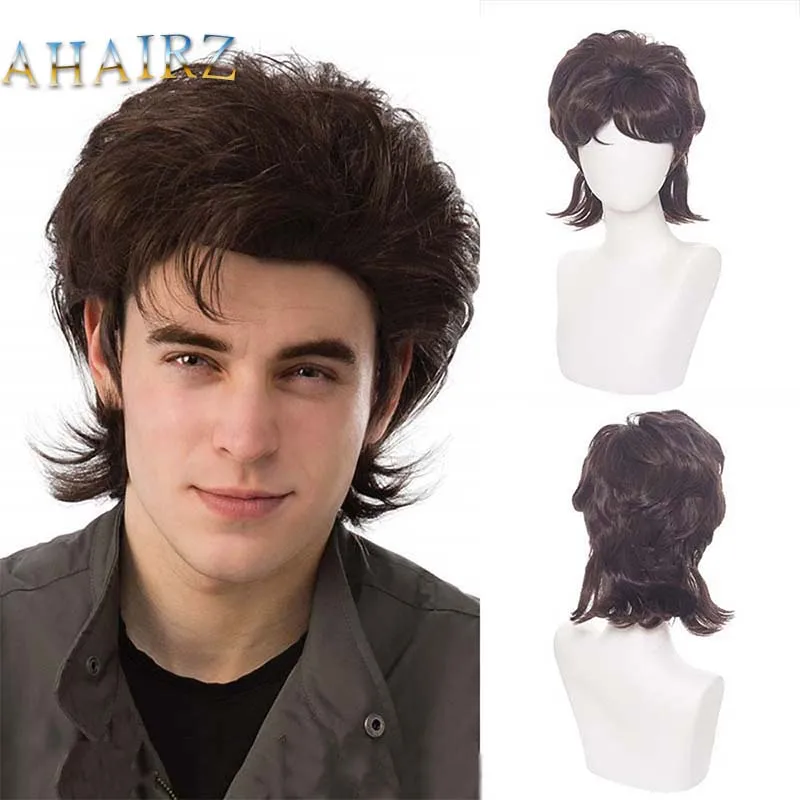 

Synthetic 80s Men Mullet Wig Brown Short Fake Hair Cosplay Halloween Wig for Man Costume 80s Oates Mullet Wigs