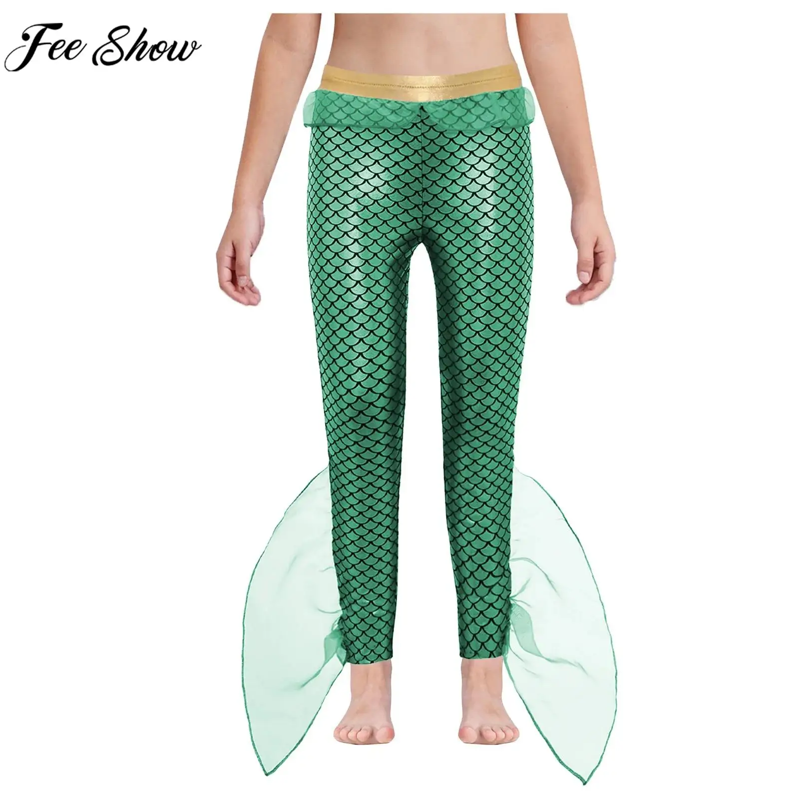 

Kids Mermaid Poseidon King of The Sea Cosplay Costume Metallic Shiny Fish Scale Print Pants Leggings for Halloween Theme Party