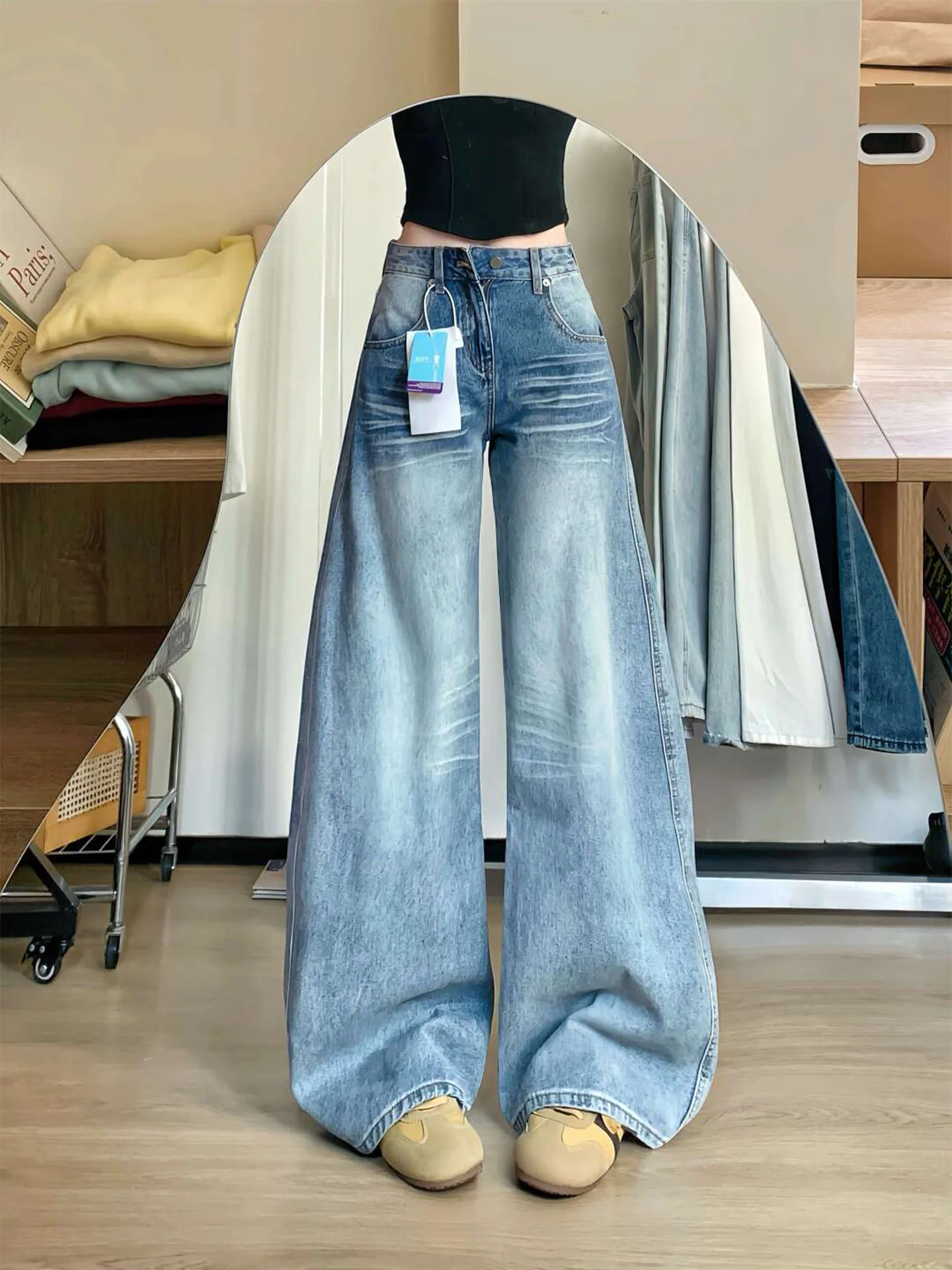 

Loose Wide Leg Blue Jeans Women's Retro American Style Spring Summer New Casual High Waist Denim Pants Trousers for Ladies