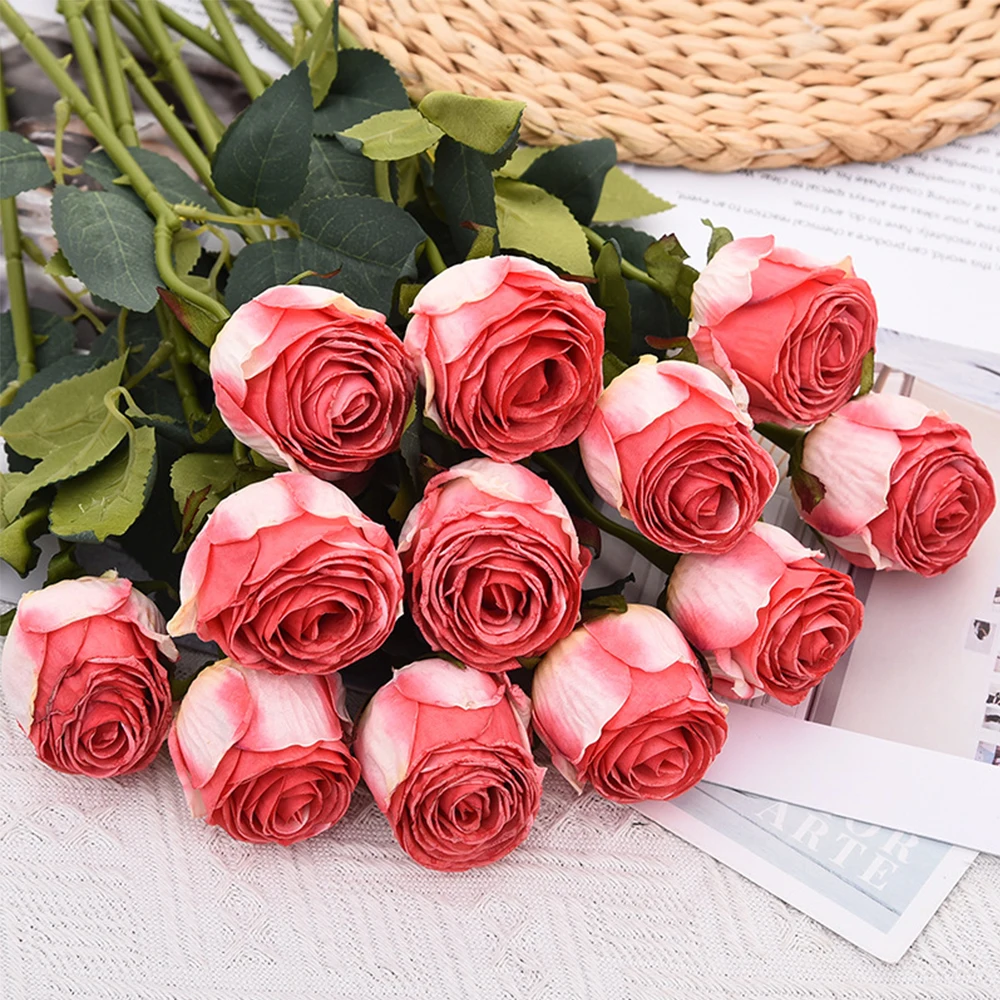 5PC Grilled Silk Rose Bouquet Artificial Burnt Edge Rose Buds Wedding Ornaments for Party Flower Romantic Table Floral Decora