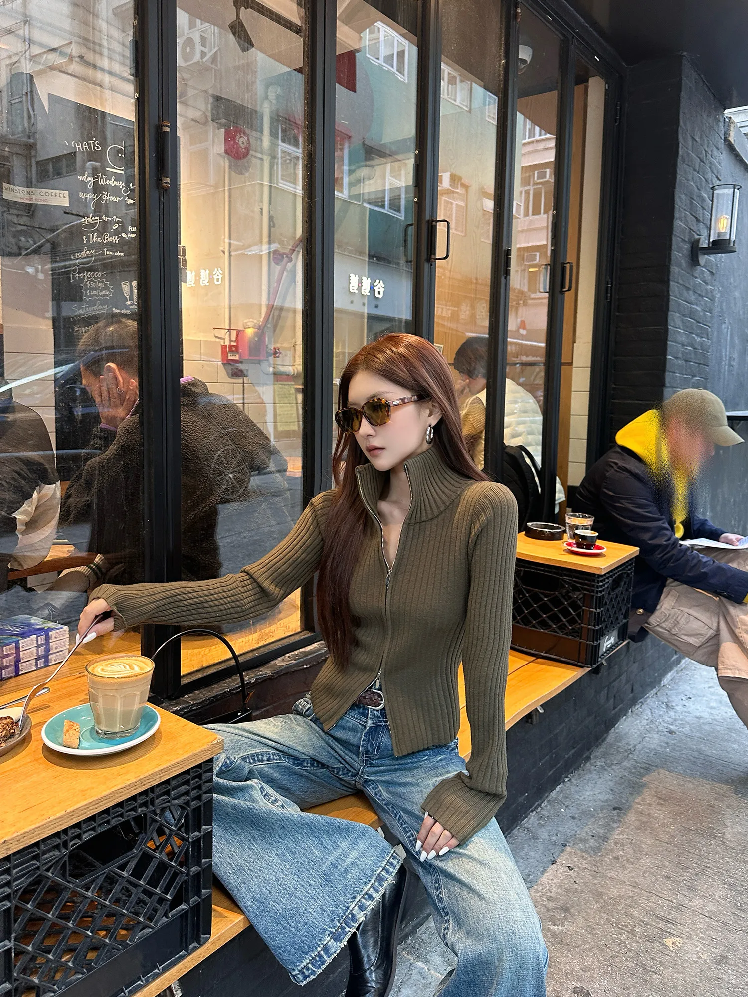 【FANGTING】Women's Half High Neck Zip Up Ribbed Knit Cardigan Slim Fit Short Sweater Coat