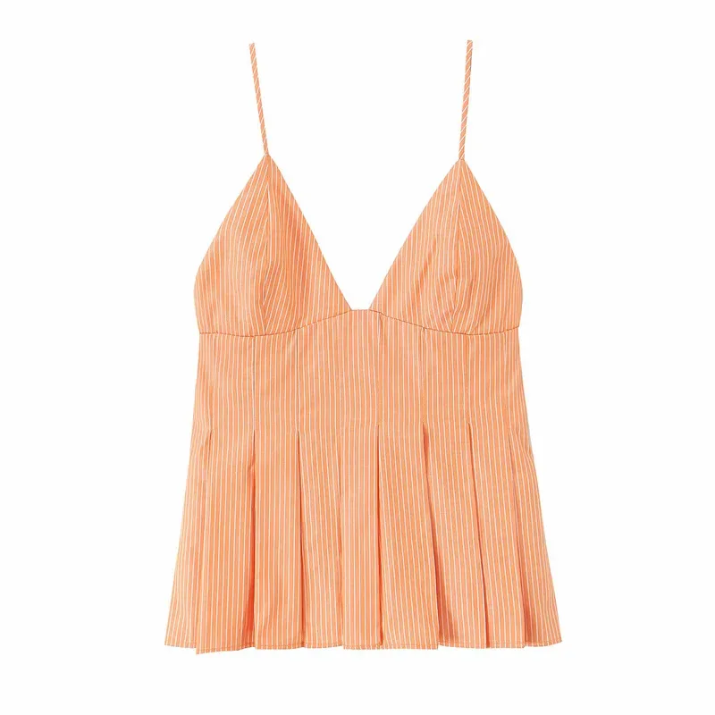

Women's Summer Sexy Orange Striped Backless Sling Tank Top V-Neck Sleeveless Pleated Hem Short Fashion Top
