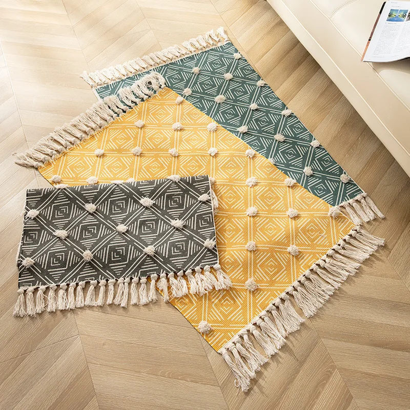 Newborn Retro Floor Mat Cotton Thread Weaving Tufted Handmade Tassel Floor Mat Living Room Coffee Table Digital Printing Pad