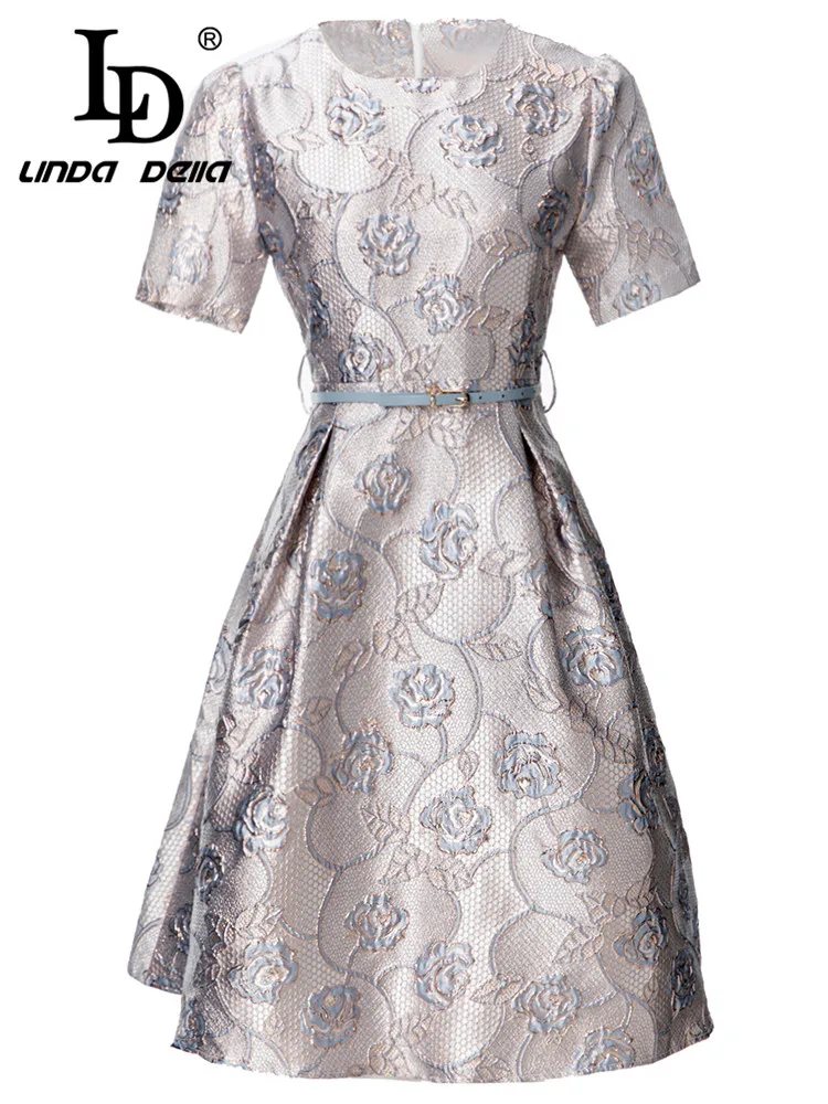 LD LINDA DELLA Summer Fashion Designer Elegant Party  Dress Women's Short Sleeve Rose Print Belt Draped Slim Fit Dress