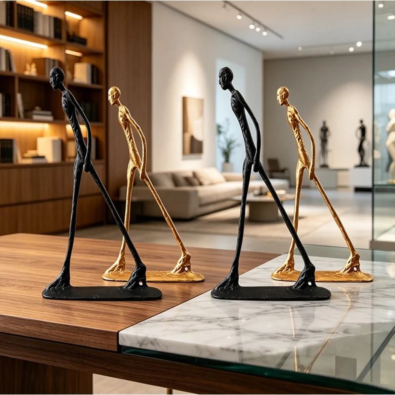 Abstract Walking Figure Sculpture Art Statue Cast Iron Gold Black Modern Nordic Decoration Minimalist Office Home Living Room