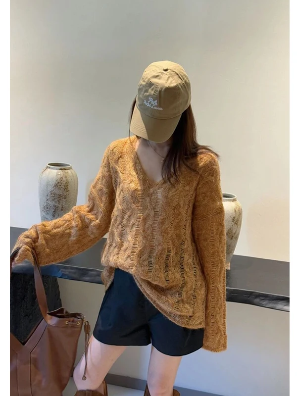 

Свободный свитер с V-образным вырезом из смесовой пряжи, вязаный косами, в корейском стиле, новинка весны, для повседневной носки, женский, модный, в стиле Dongdaemun