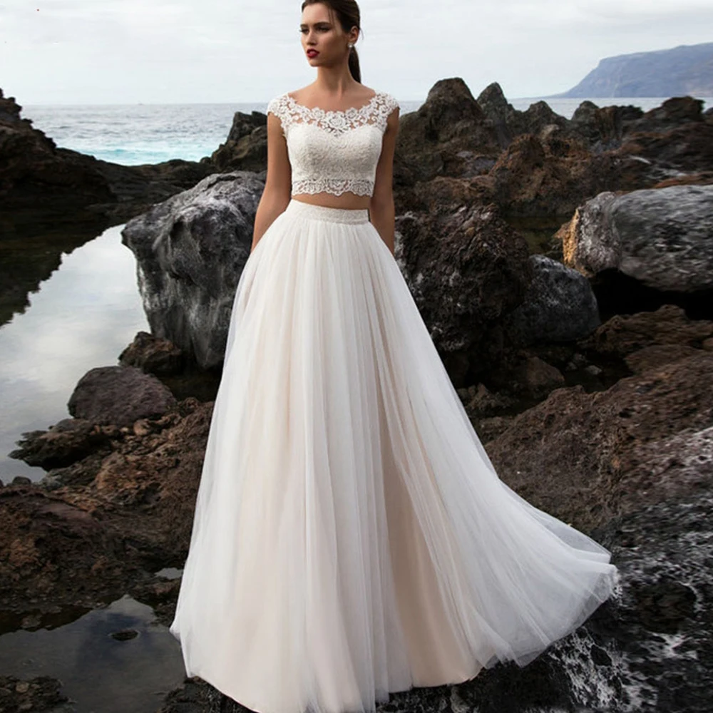 

Cap Sleeves Two Piece Wedding Dress Scoop Neck with Applique Illusion Back A-Line Tulle Floor Length Bridal Marriage Gowns