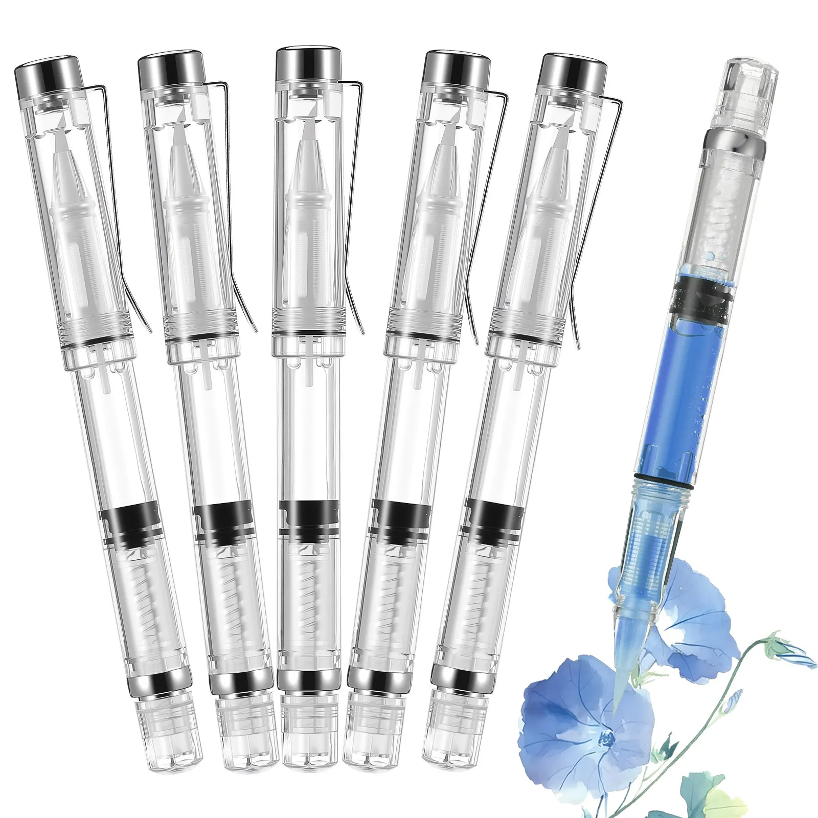5Pcs Drawing Pens Refillable Brush Pen Calligraphy Brush Pen for Watercolor Painting Stroke Writing Transparent Body Large Ink