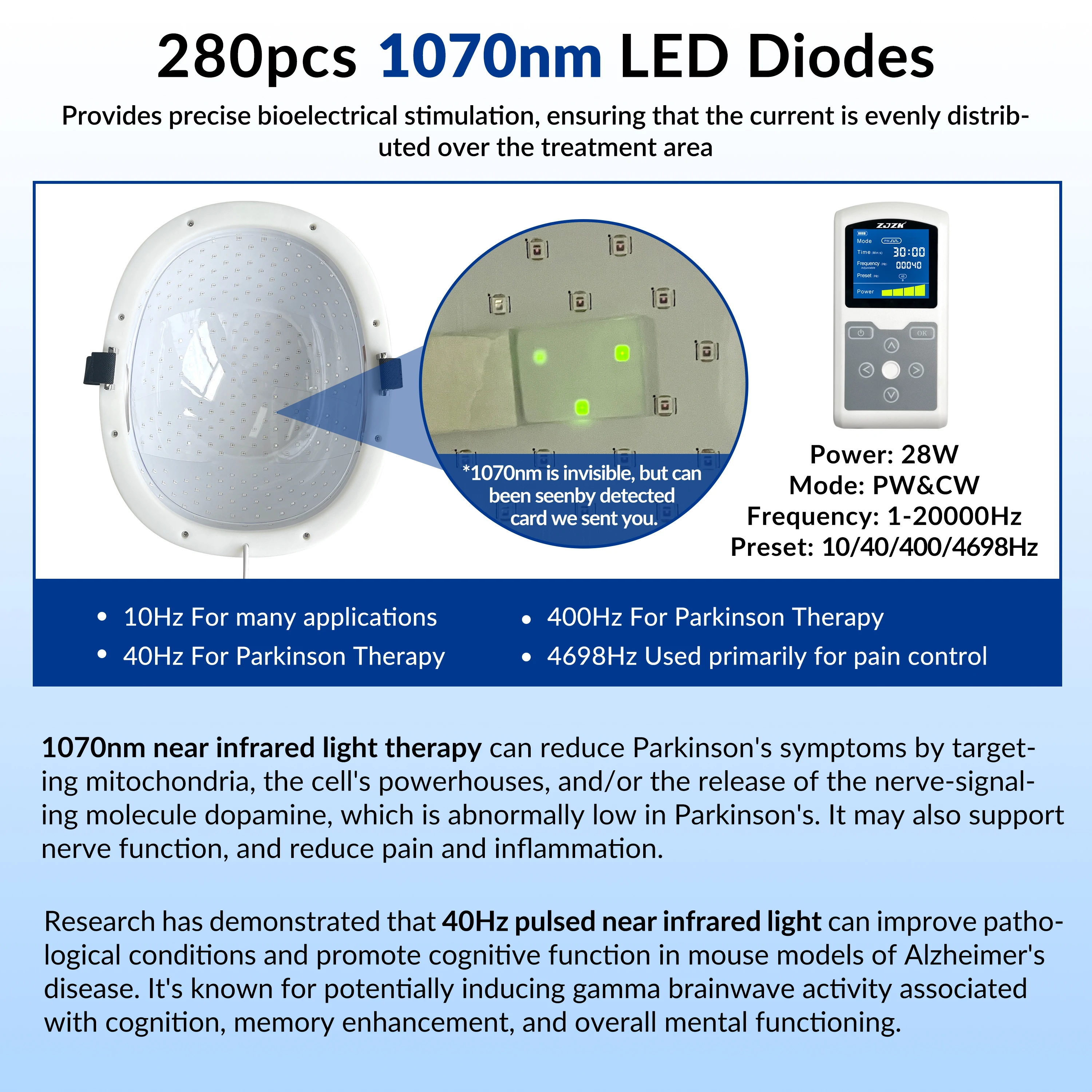 ZJZK Stroke Parkinson Therapy 28W Natural Treatment 1070nmx280diodes For Traumatic Brain Injury Post Traumatic Stress Disorder