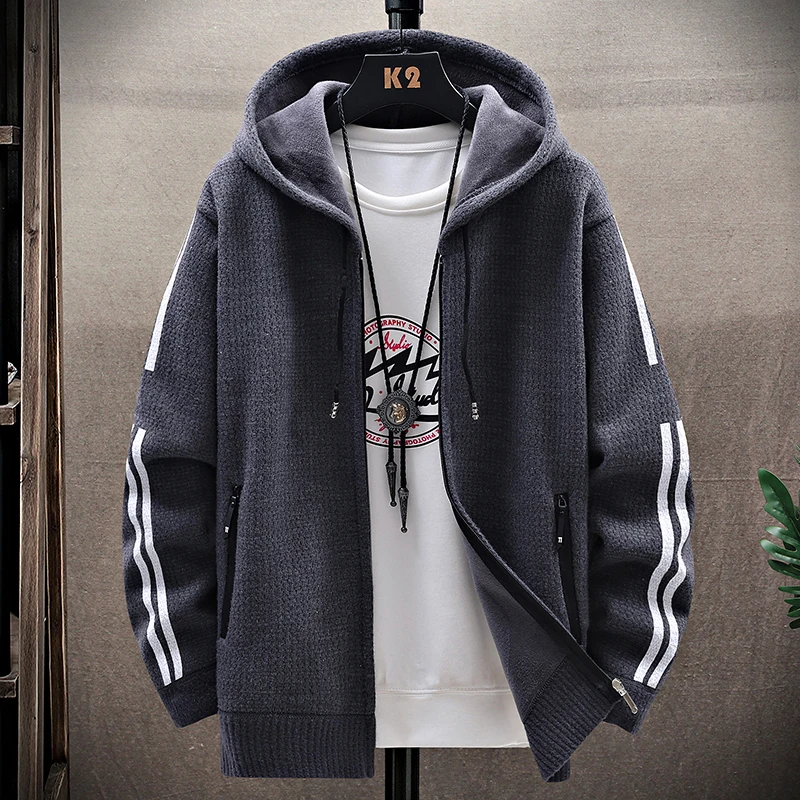 Business Casual Men's Sweater Cardigan Fleece Lined Hood Sweaters Jacket Retro Sweaters Coat Zipper Up Knit Cardigans