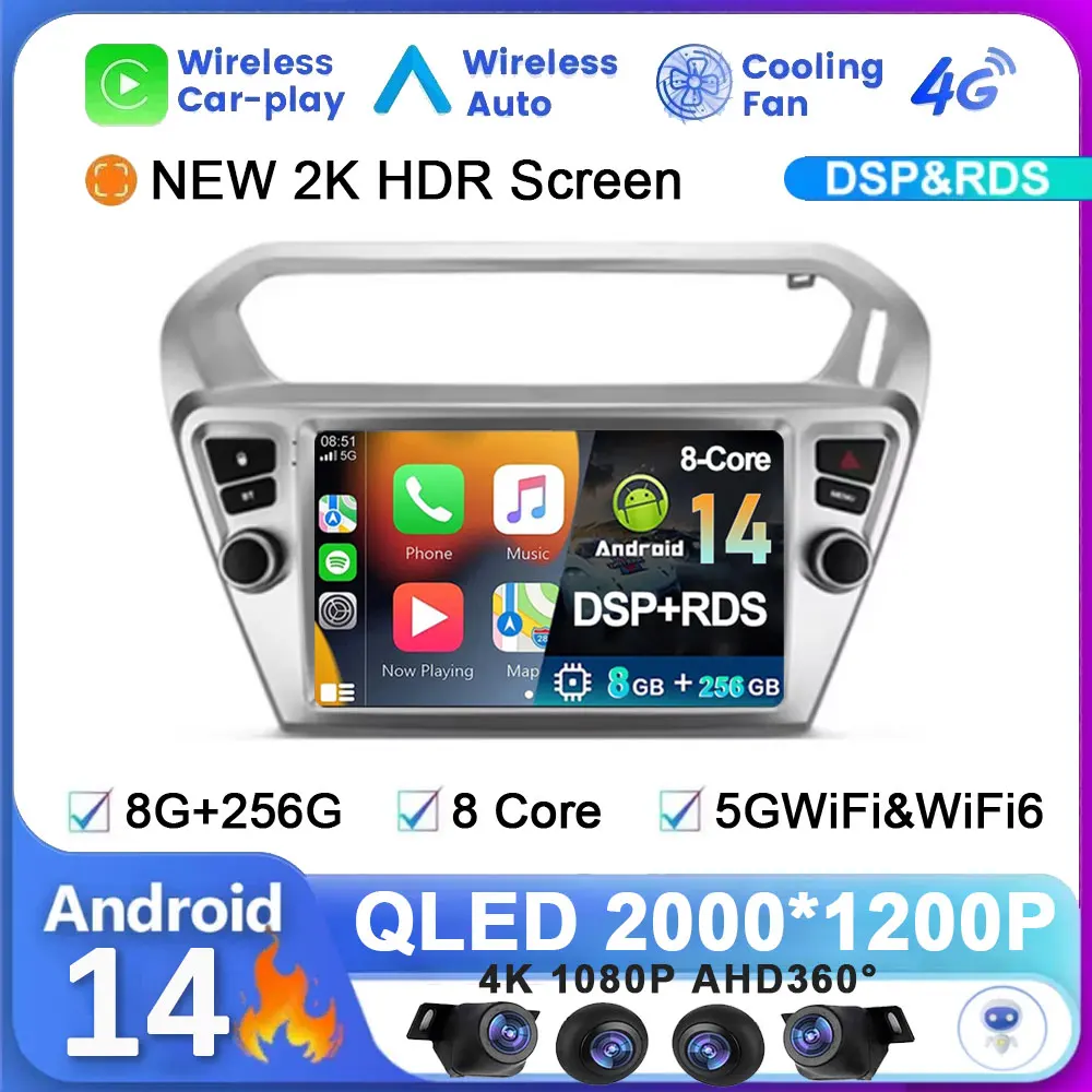 Android14 For Peugeot 301 For Citroen C-Elysee CElysee 2012 -2016 Car Radio Wireless Carplay System GPS Video Player Multimedia