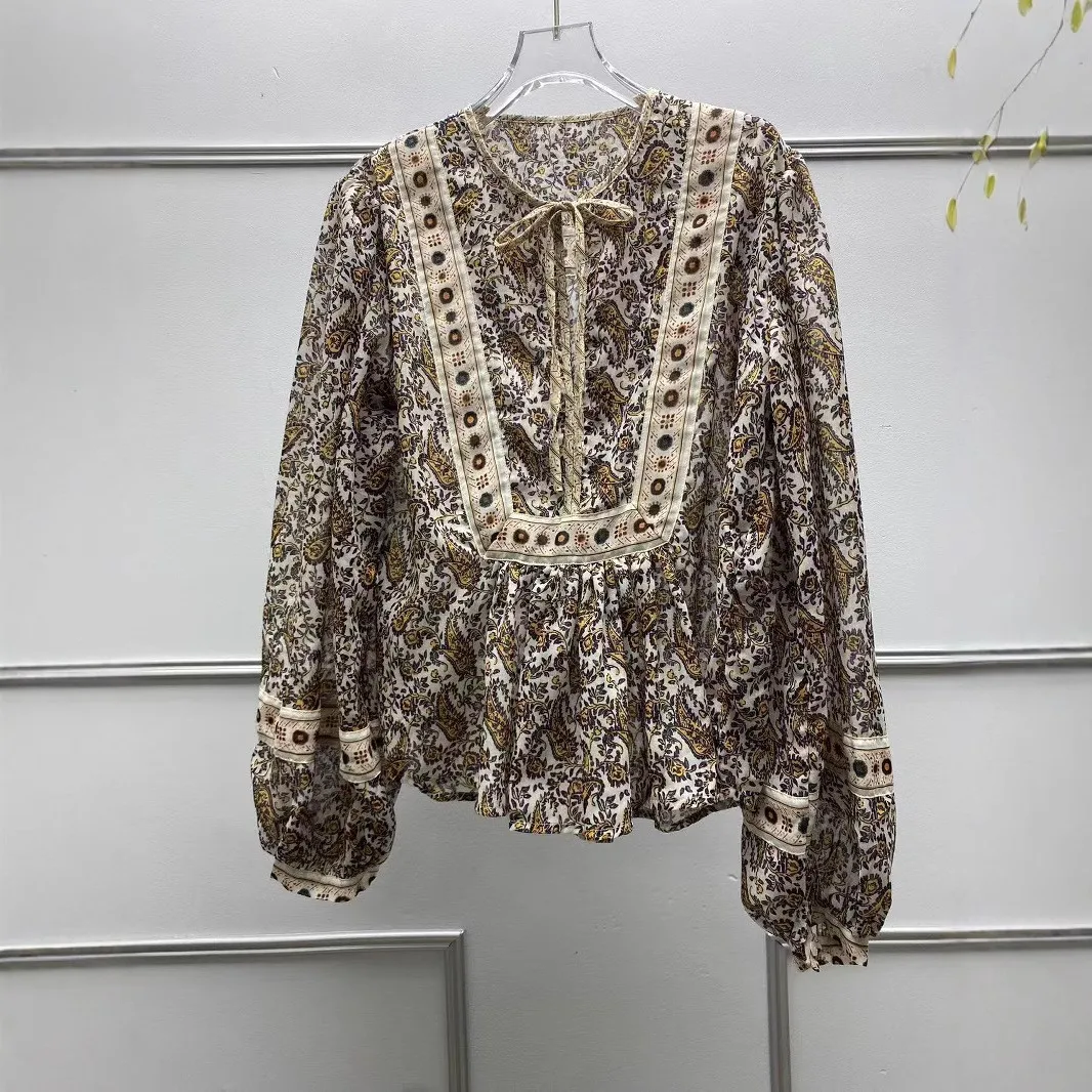 

Isabels Marants shirt 2025 spring summer new retro ethnic style printing splicing V collar lantern sleeve loose versatile shirt