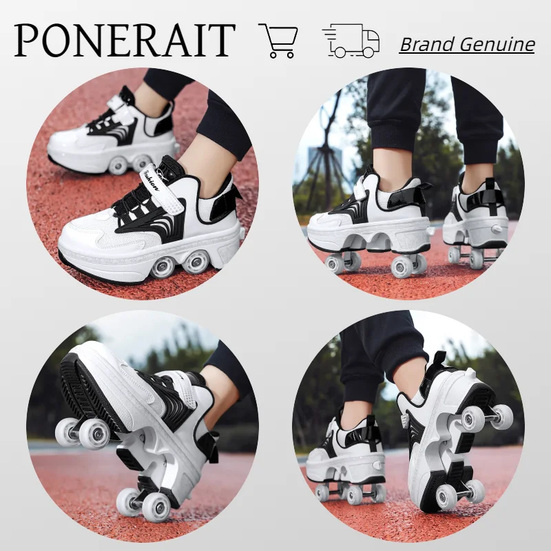 PONERAIT Deformation Roller Shoes Double-Row Four Wheel Walk Skates for Adult Men Women Stylish Children Sport Shoe Special Gift