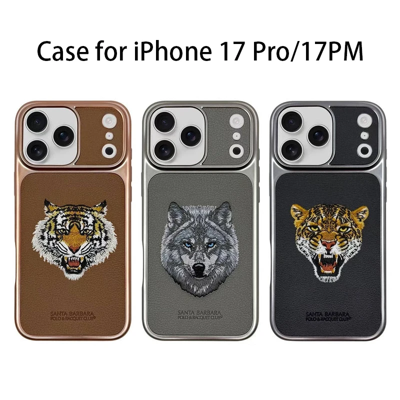 

Кожаный чехол для телефона с вышивкой «Тигровый волк» для iPhone 17 Pro Max, защитная задняя крышка для телефона iPhone 17 Pro, черный, коричневый, серый
