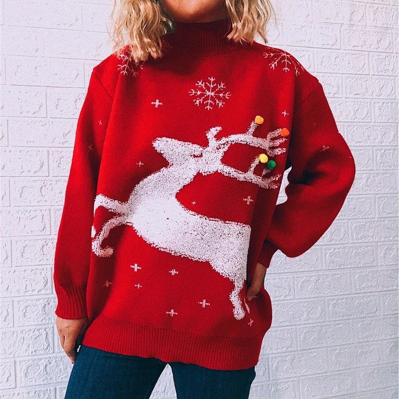 

2023 Christmas Red Long Sleeve Women Casual Sweater Autumn Winter Christmas Deer Female Pullover Fashion Knitted Sweater Tops