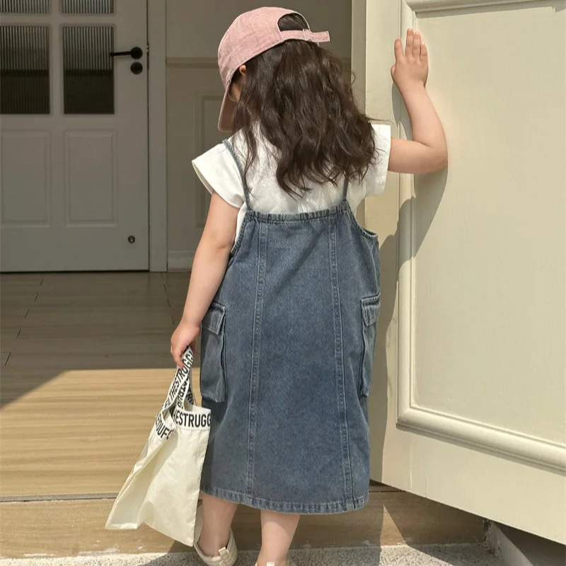 

Children Clothing Kids Set 2024 Summer New Korean Style Girls Denim Dress and Solid Color T-shirt Casual Two Piece Set